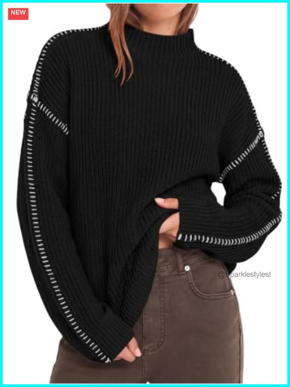 Oversized Chunky Knit Sweater Mock Neck Drop Shoulder Ribbed Pullover Women